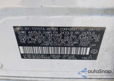 2010 Lexus Is 250 z USA, uszkodzony, nr VIN JTHBF5C29A5123428